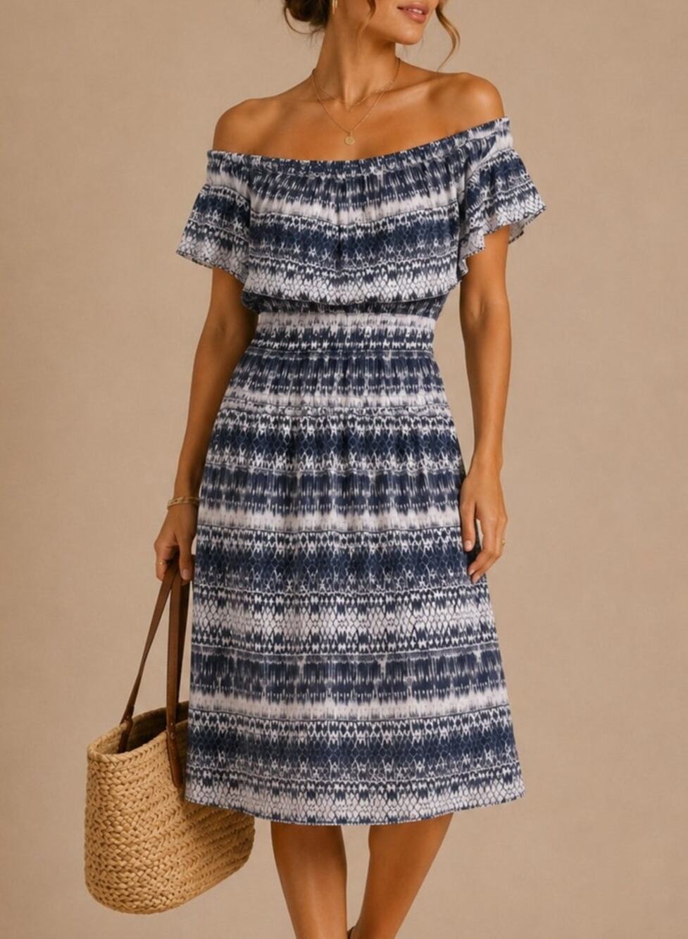 Love Sam Off Shoulder Dress Size Medium Blue White Boho Vacation Travel Feminine